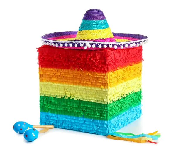 Pinata Mexicaine Forme Cube Avec Chapeau Sombrero Maracas Sur Fond — Photo