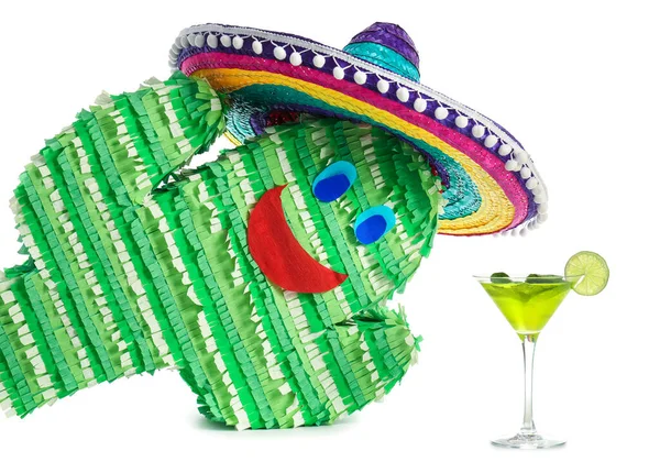 Mexicaanse Pinata Met Sombrero Glas Lekkere Cocktail Witte Achtergrond — Stockfoto