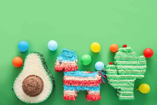 Different Mexican Pinatas Balloons Green Background — Stock Photo, Image
