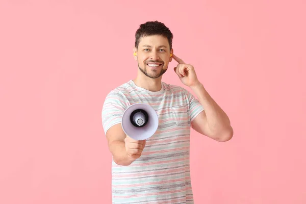 Handsome Man Ear Plugs Megaphone Pink Background — Stock Photo, Image