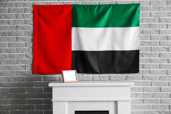 Fireplace Blank Frame Uae Flag Hanging Grey Brick Wall — Stock Photo, Image