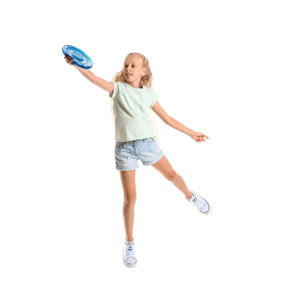 Zabawna Dziewczynka Gra Frisbee Białym Tle — Zdjęcie stockowe