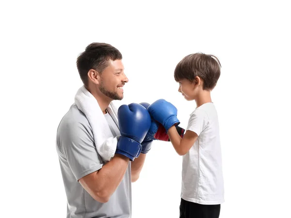 Little Boy His Boxing Trainer White Background — Stock Photo, Image