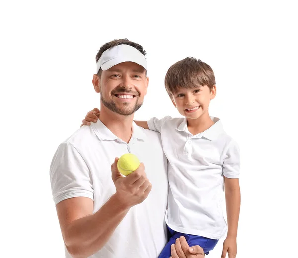 Kleine Jongen Zijn Vader Met Tennisbal Witte Achtergrond — Stockfoto