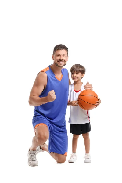 Little Boy Ball His Trainer White Background — Stock Photo, Image