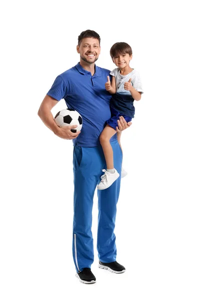 Male Trainer Soccer Ball Little Boy White Background — Stock Photo, Image