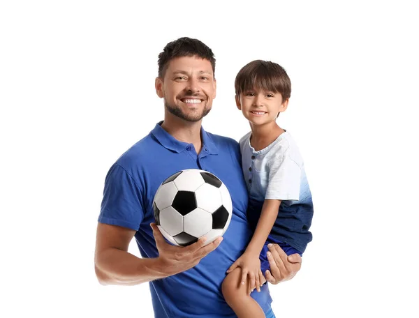 Male Trainer Soccer Ball Little Boy White Background — Stock Photo, Image