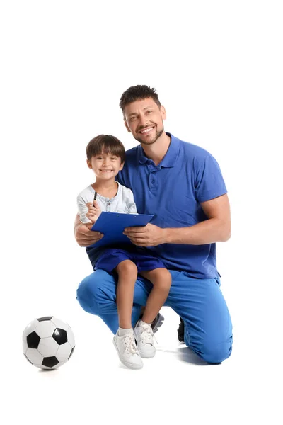 Entraîneur Masculin Avec Petit Garçon Ballon Football Sur Fond Blanc — Photo