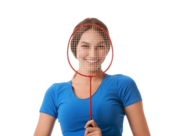 Sportliche Badmintonspielerin Auf Weißem Hintergrund — Stockfoto