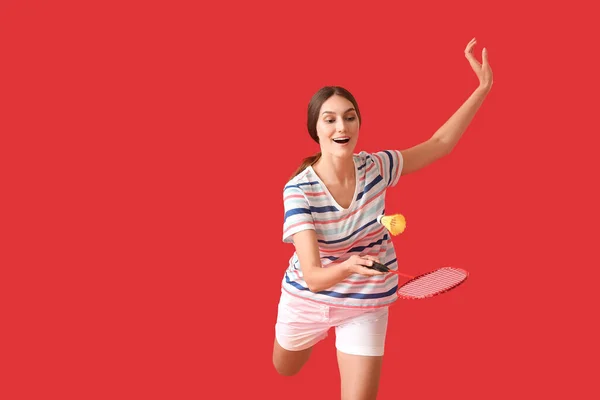 Sporty Female Badminton Player Color Background — Stock Photo, Image