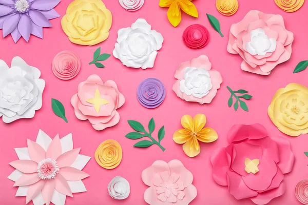 Beautiful Handmade Paper Flowers Pink Background — Stock Photo, Image