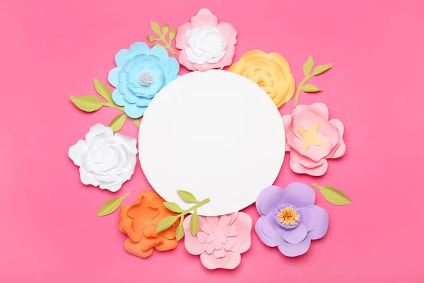 Beautiful Handmade Paper Flowers Blank Paper Sheet Pink Background — Stock Photo, Image