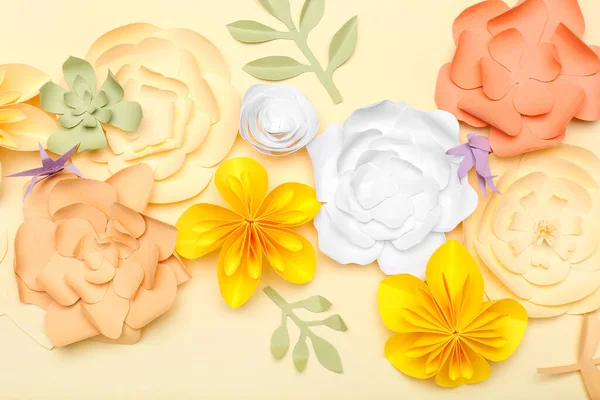 Beautiful Handmade Paper Flowers Beige Background — Stock Photo, Image