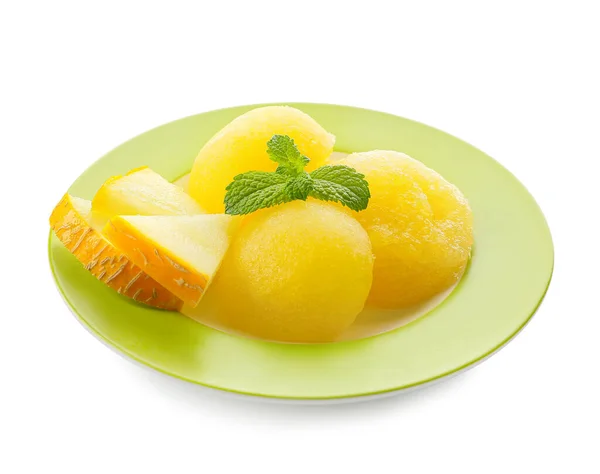 Plate Tasty Melon Sorbet White Background — Stock Photo, Image