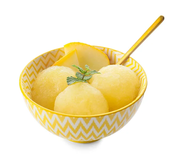 Bowl Tasty Melon Sorbet White Background — Stock Photo, Image