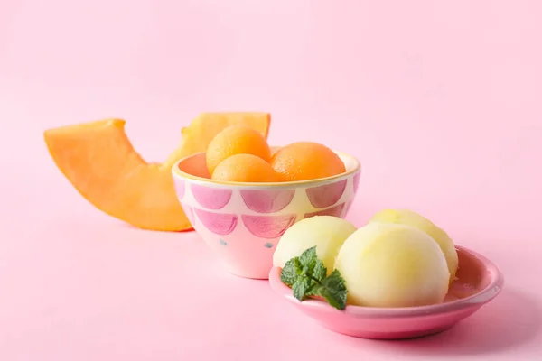 Bowls Tasty Melon Sorbet Pink Background — Stock Photo, Image