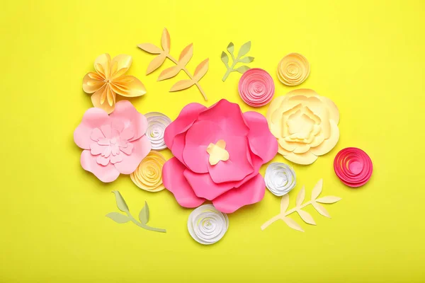 Beautiful Handmade Paper Flowers Yellow Background — Stock Photo, Image