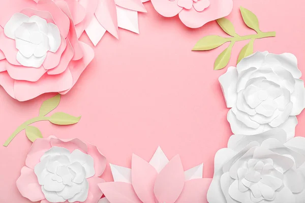 Frame Made Beautiful Handmade Paper Flowers Pink Background — Stock Photo, Image