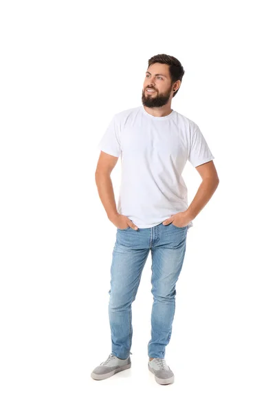 Hombre Guapo Camiseta Sobre Fondo Blanco — Foto de Stock