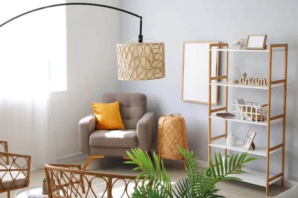 Interior Light Living Room Lamps Chairs Shelving Unit — Zdjęcie stockowe