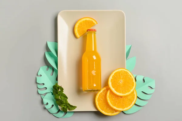 Plate Bottle Fresh Soda Orange Fruit Grey Background — Stock Photo, Image