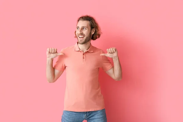 Handsome Young Man Stylish Polo Shirt Pink Background — Stock Photo, Image