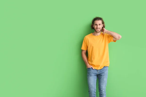 Handsome Young Man Stylish Shirt Green Background — Stock Photo, Image