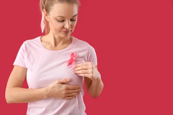 Woman Pink Awareness Ribbon Chest Red Background Breast Cancer Awareness — Stock Photo, Image