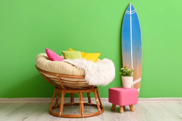 Comfortable Armchair Soft Pillows Pouf Surfboard Green Wall Room — Stock Photo, Image
