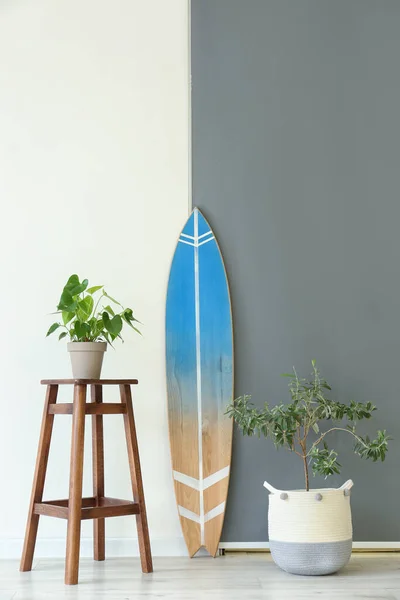 墙边装有冲浪板 桌椅和室内植物的房间 — 图库照片