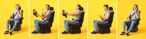 Conjunto Hombre Asiento Coche Sobre Fondo Amarillo — Foto de Stock