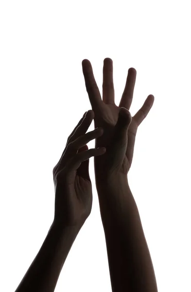 Kadın Silueti Beyaz Arka Plan Üzerinde Eller — Stok fotoğraf