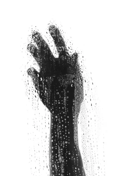 Sziluett Női Kéz Látható Üvegen Keresztül Vízcseppek Fehér Alapon — Stock Fotó