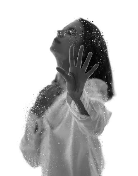 Young Woman Touching Glass Water Drops White Background — Stock Photo, Image