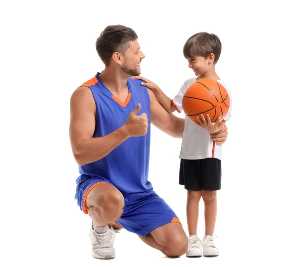Kleiner Junge Mit Ball Und Trainer Auf Weißem Hintergrund — Stockfoto