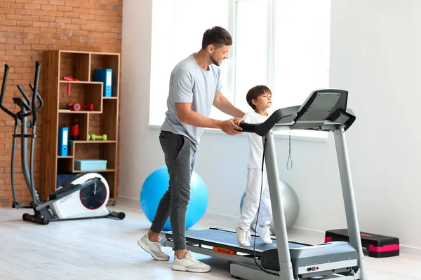 Little Boy His Coach Training Treadmill Gym — Stock Photo, Image