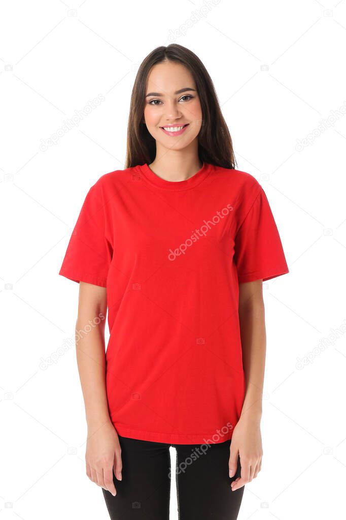 Pretty young woman in stylish t-shirt on white background