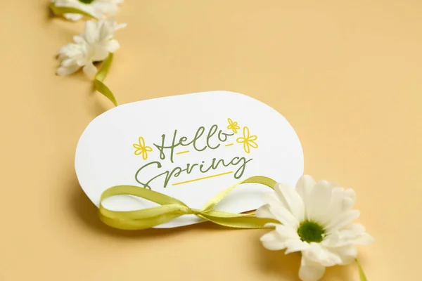 Card Text Hello Spring Ribbon Flowers Color Background Closeup — Stock Photo, Image