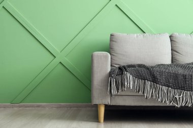 Yeşil duvarın yanında ekoseli şık kanepe