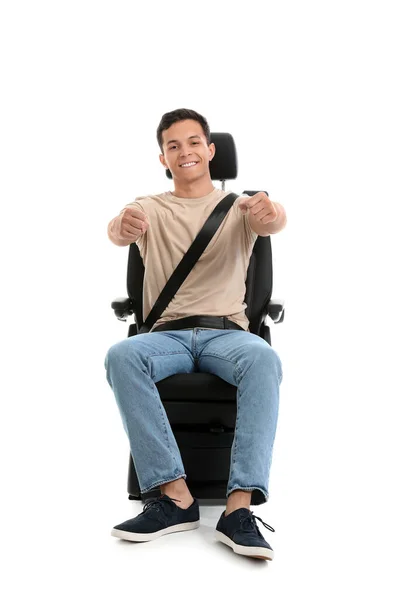 Young Man Imaginary Steering Wheel Car Seat White Background — Stock Photo, Image