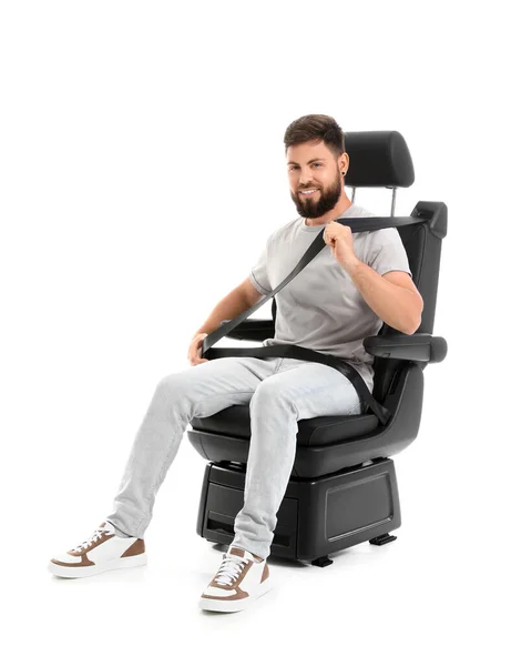 Young Man Fastening Car Seat White Background — Stock Photo, Image