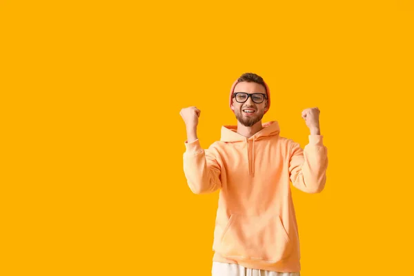 Happy Young Guy Stylish Hoodie Color Background — Stock Photo, Image