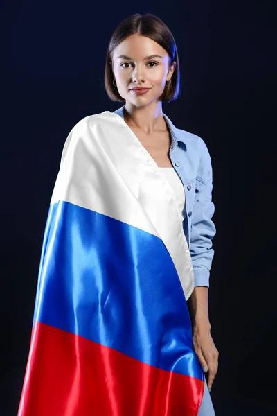 Beautiful Young Woman Flag Russia Dark Background — Stock Photo, Image