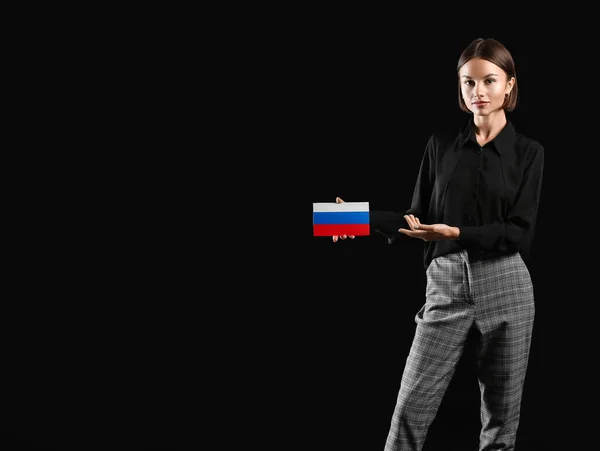 Beautiful Young Woman Flag Russia Dark Background — Stock Photo, Image