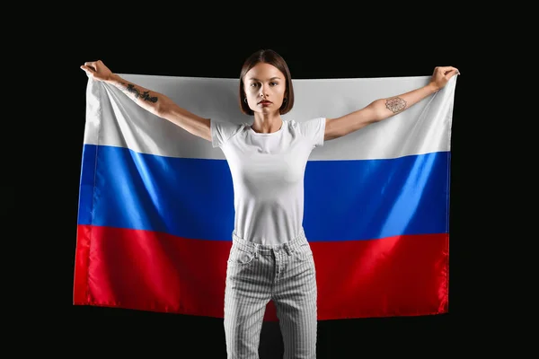 Beautiful Young Woman Flag Russia Dark Background — Stock Photo, Image