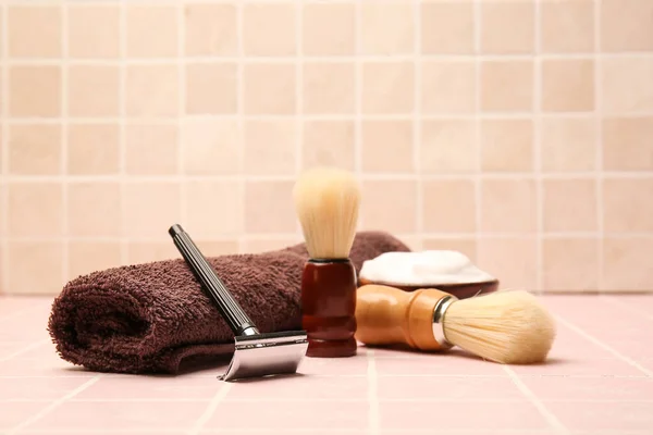 Stylish Male Accessories Shaving Towel Tile Background — Stock Photo, Image