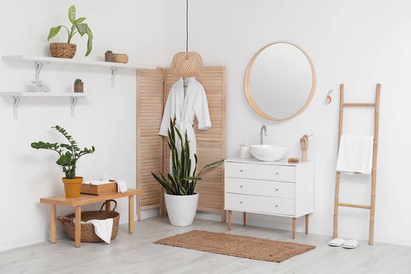 Interior Light Bathroom Sink Mirror Wooden Folding Screen — Stock Photo, Image