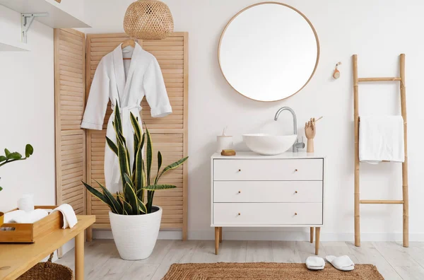 Interior Light Bathroom Sink Mirror Wooden Folding Screen — Stock Photo, Image