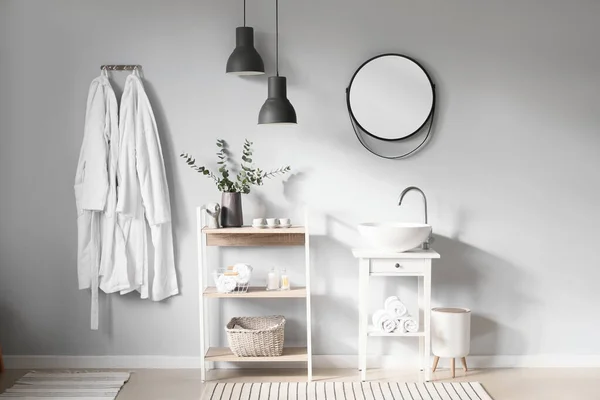 Interior Light Bathroom Small Table Sink Shelving Unit — Stock Photo, Image