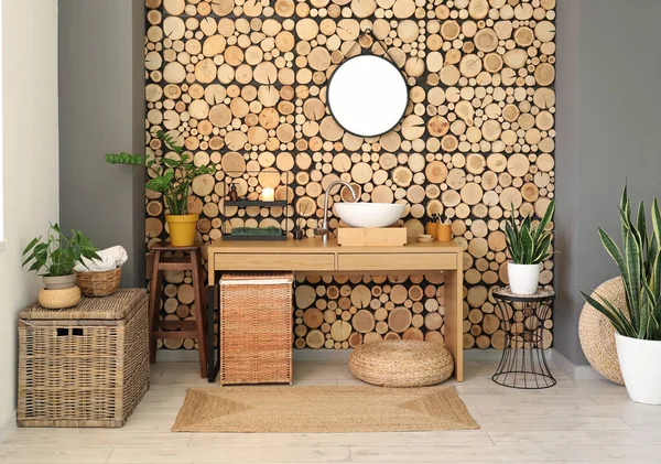 Interior Stylish Bathroom Sink Supplies Wooden Wall — Stock Photo, Image